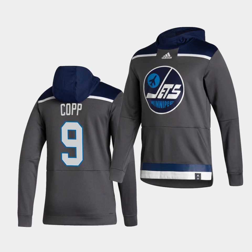 Men Winnipeg Jets 9 Copp Grey NHL 2021 Adidas Pullover Hoodie Jersey